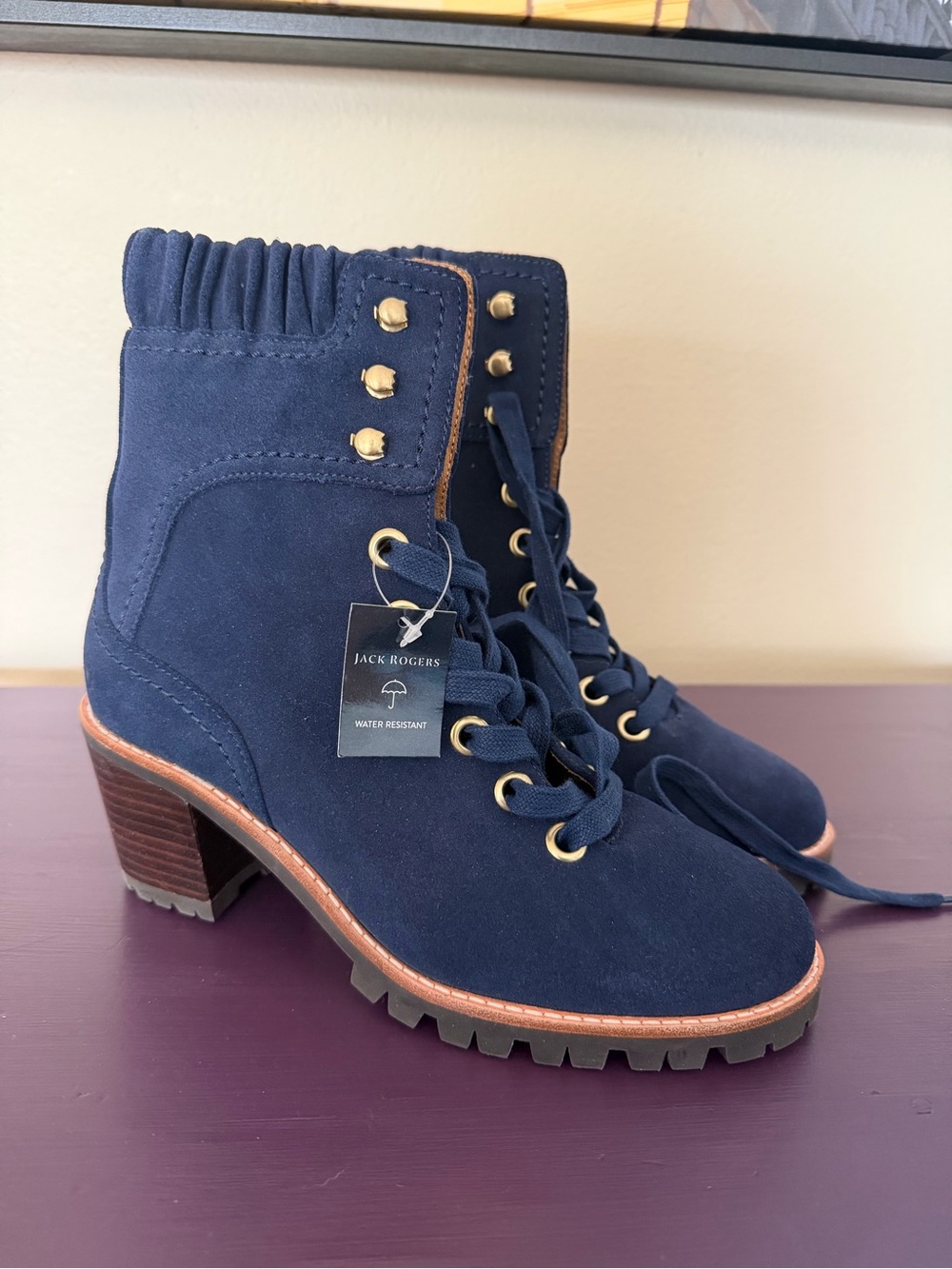 NWT Jack Rogers Harper Hiker Boot Navy Suede Lace-Up Block Heel Boots Sz6